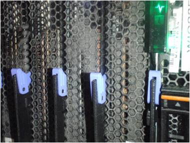 Blade server contamination close-up showing particulate build-up