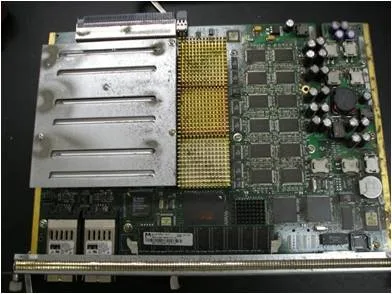 Network switch before professional decontamination, heavy dust accumulation visible