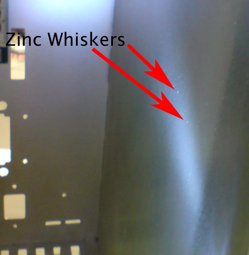 Server equipment contaminated with shed zinc whiskers