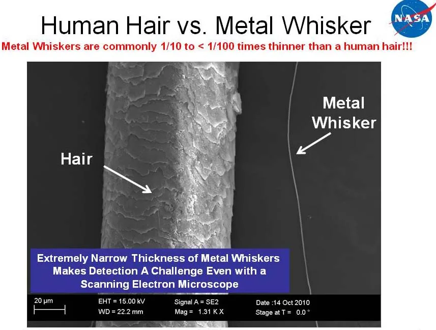 Zinc whisker alongside human hair for scale comparison